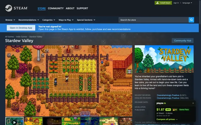 The playze.io price card on a Steam store page