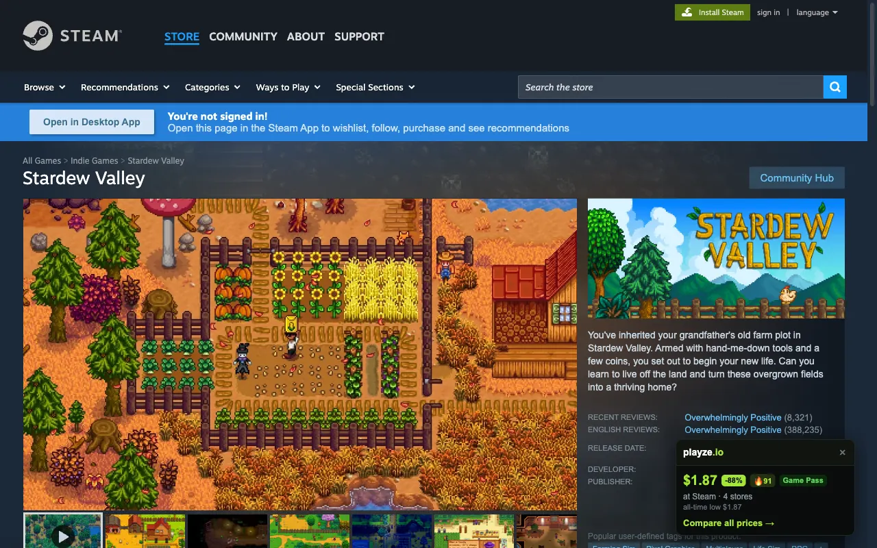 The playze.io card on a Steam store page, showing the best price across stores